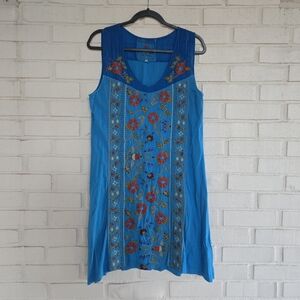Vtg Johnny Was Blue floral embroidered sleeveless mini dress Size Medium
